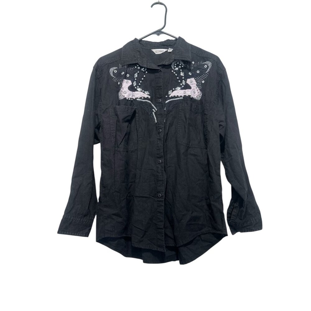 Vintage Gitano Western Beaded Shirt Womens medium Black Collared Cowgirl Rodeo